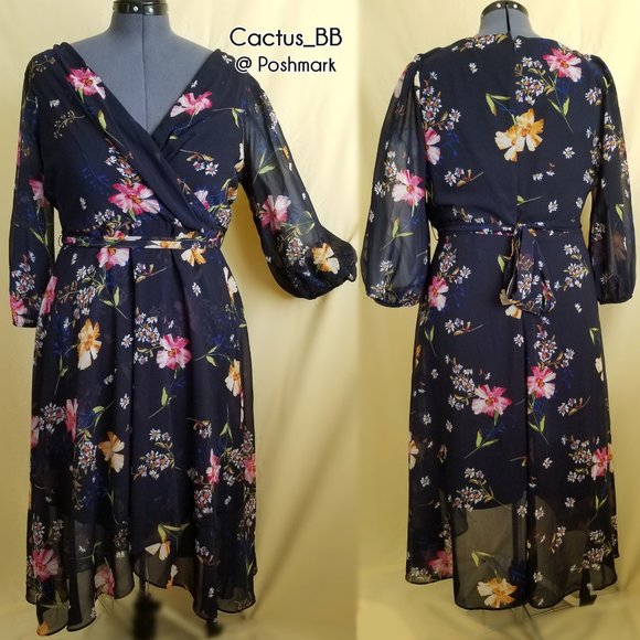 Dkny Dresses & Skirts - Dkny Women's Floral Faux Wrap Dress With Balloon Sleeve - In Spring Navy Size 16